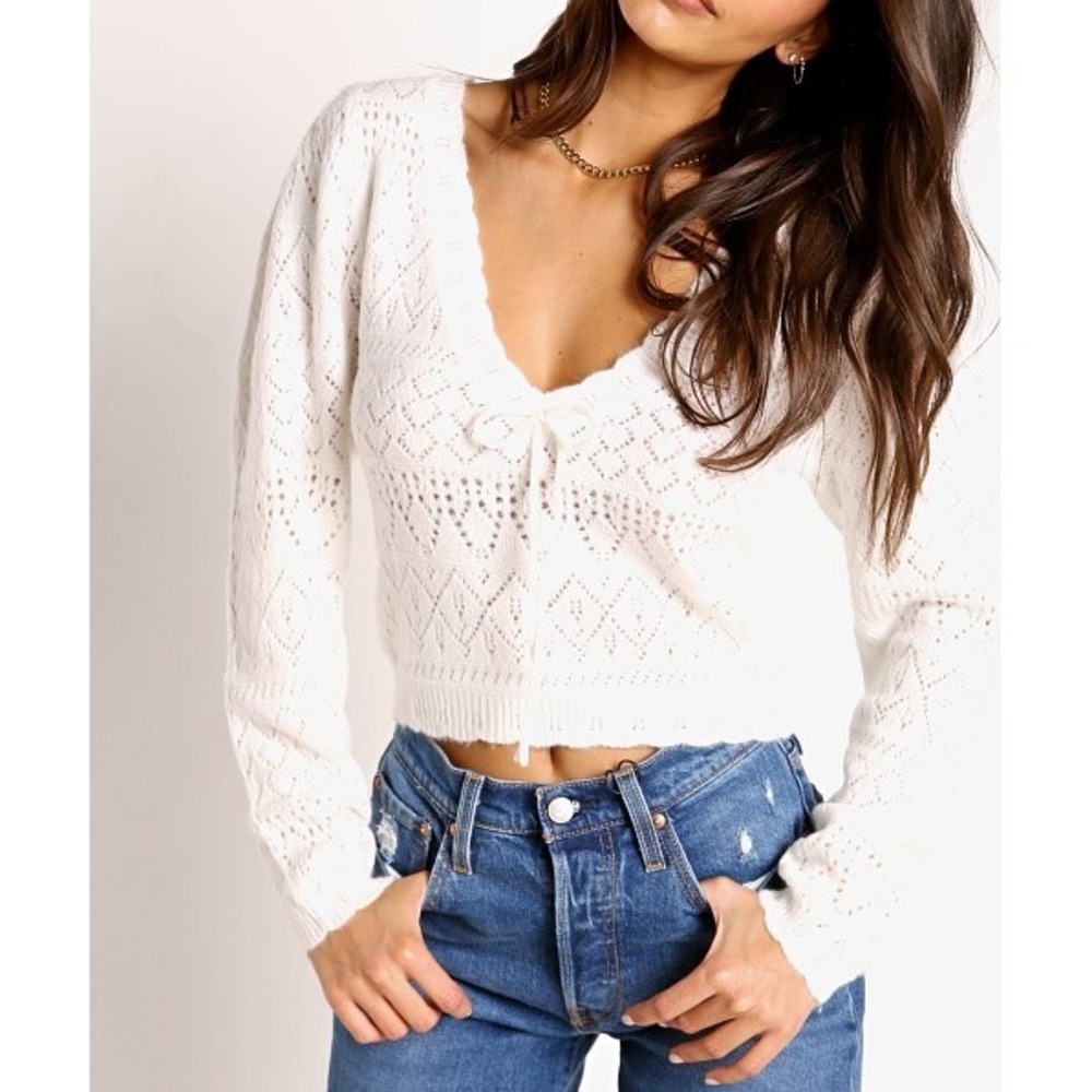 For Love & Lemons White Pointelle Knit Cropped Tie Front Cardigan Sweater c5